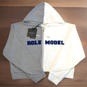 NWT CYNTHIA ROWLEY Cropped Grey/White Color-Block Full Zip Hoodie Sweatshirt XS